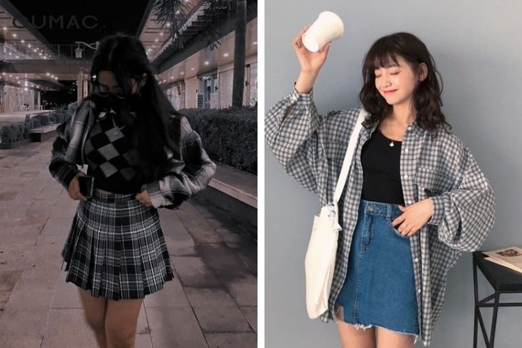 Phối áo sơ mi caro cùng chân váy ngắn xinh xắn