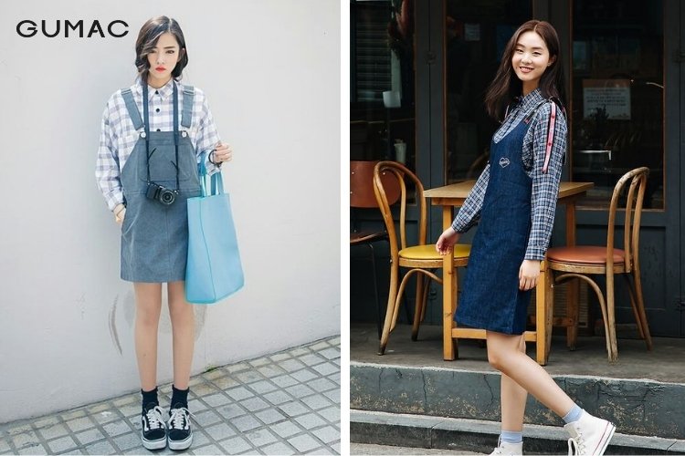 Phối áo sơ mi caro cùng yếm quần