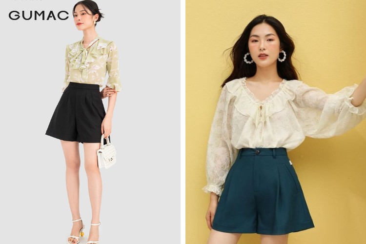 kết hợp áo sơ mi cổ bèo với quần short
