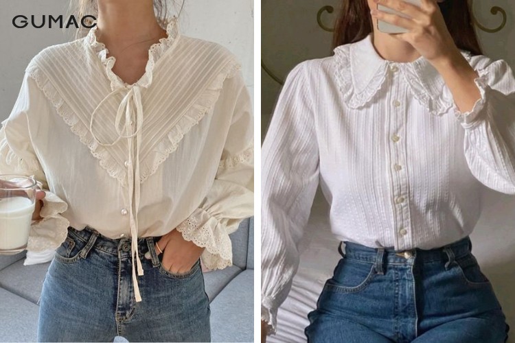 phối áo sơ mi cổ bèo với quần jean dài skinny