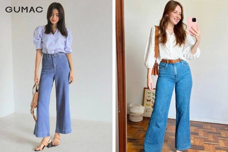 phối áo sơ mi cổ bèo với quần jean ống rộng