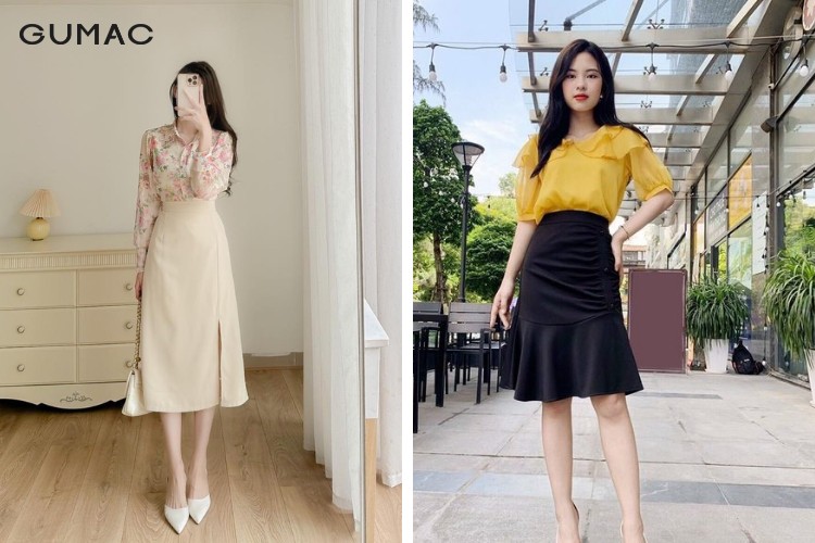 áo sơ mi cổ bèo phối váy midi