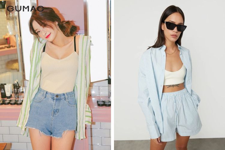 Dùng áo sơ mi kẻ sọc nữ làm áo khoác ngoài