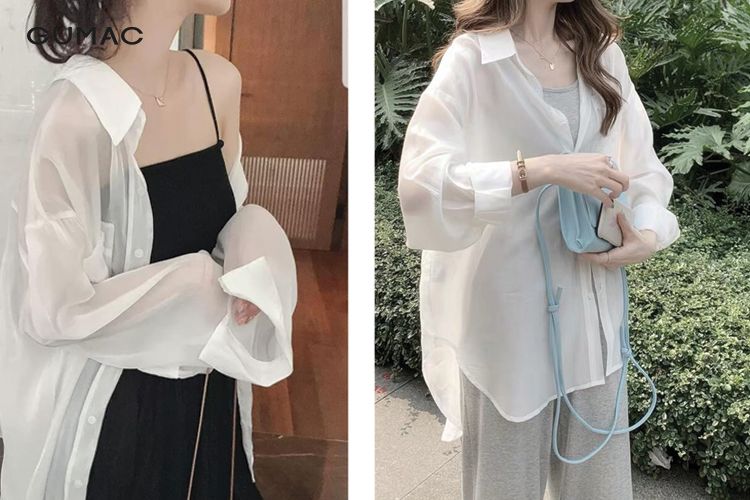 phối áo sơ mi oversize nữ khoác ngoài với váy hai dây