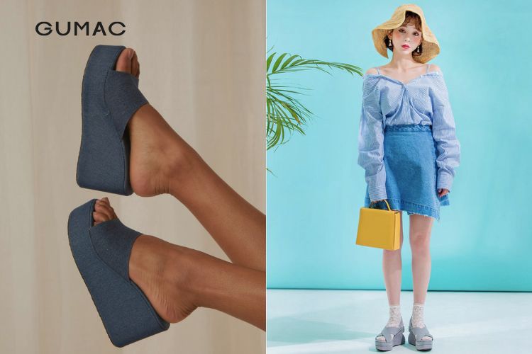 Chân váy ngắn áo trễ vai mix dép đế xuồng