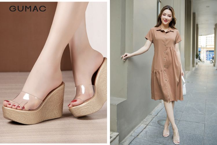 Đầm suông phối dép đế xuồng