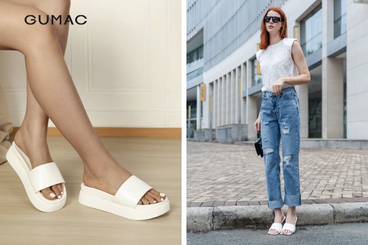 Mix quần jean rách gối áo thun với dép đế xuồng