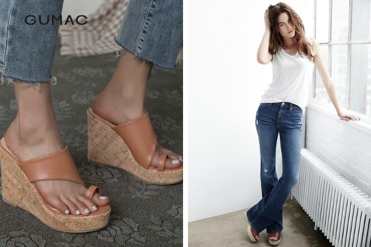 Phối quần jean ống loe cùng dép đế xuồng