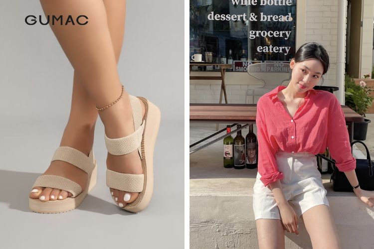 Quần short áo sơ mi kiểu phối dép đế xuồng