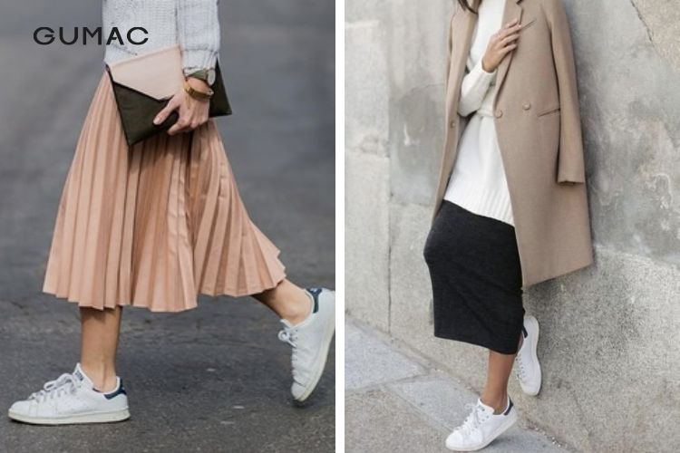 Chân váy dài điệu đà mix giày adidas nữ