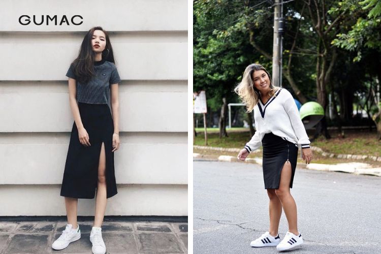 Chân váy xẻ tà quyến rũ cùng giày adidas