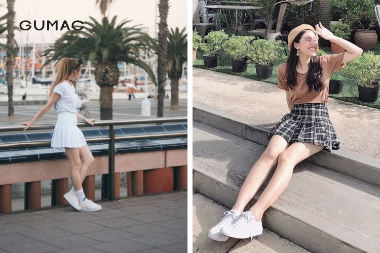 Chân váy xếp ly ngắn đáng yêu cùng giày thể thao nữ