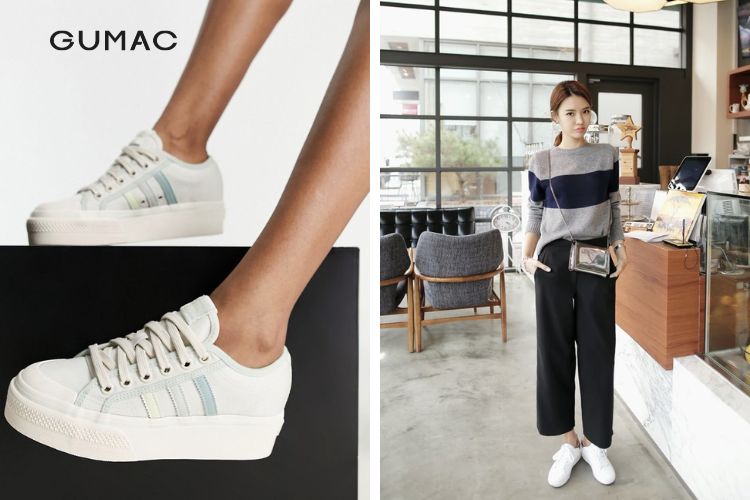 Quần jean ống suông phối giày thể thao adidas