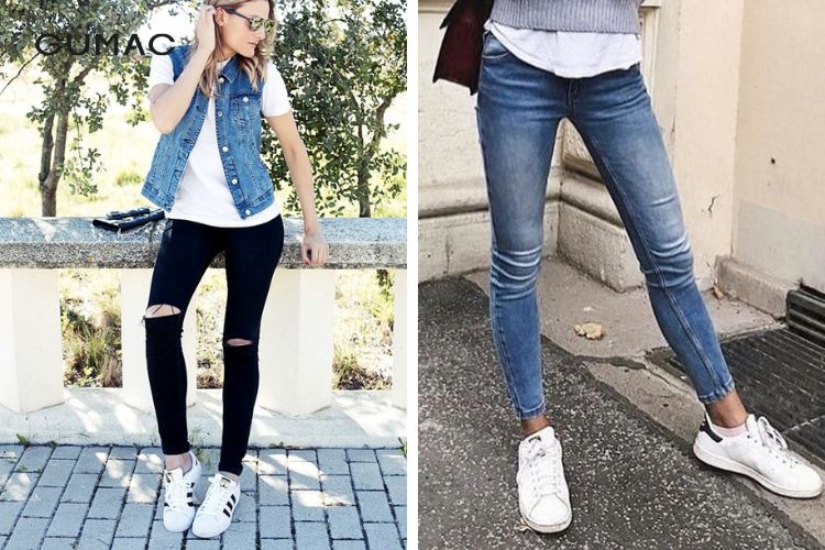 Quần skinny tươi trẻ phối giày thể thao adidas nữ