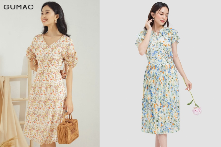 Kết hợp váy hoa nhẹ nhàng cùng giày đỏ