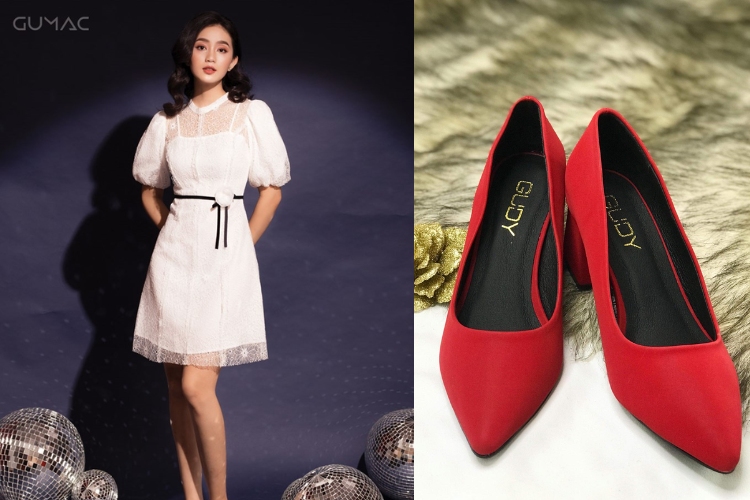 Outfit giày đỏ và đầm trắng
