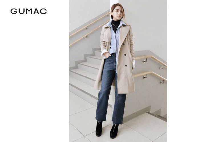 Áo khoác dáng dài mix quần jean ống suông ấm áp