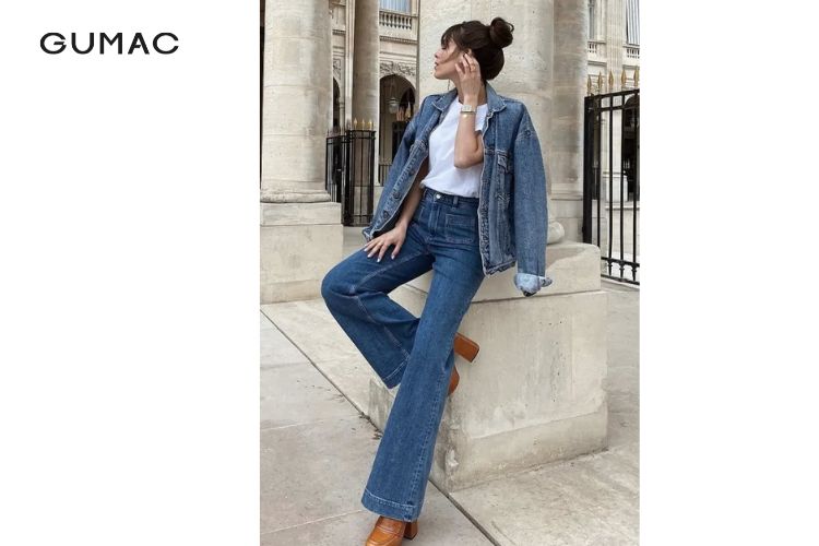 Phối áo khoác Denim cá tính cùng quần jean ống suông