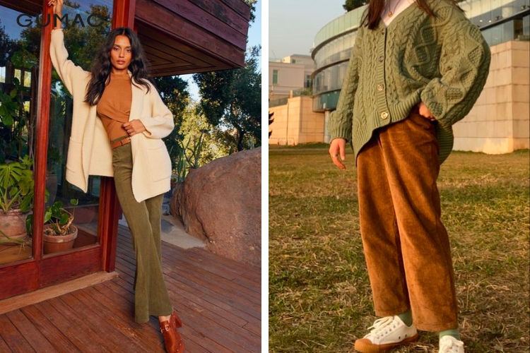 Quần nhung tăm phối cùng áo cardigan