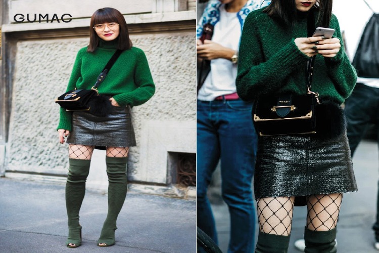 Phối áo len với tất lưới