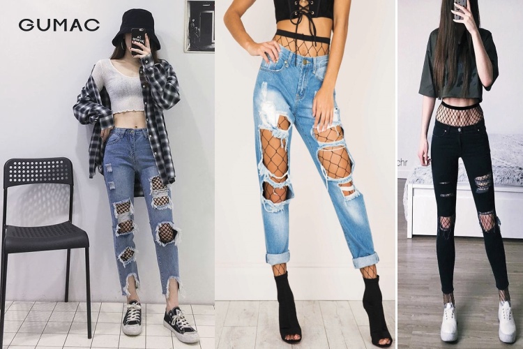 Quần jean dài cùng tất lưới