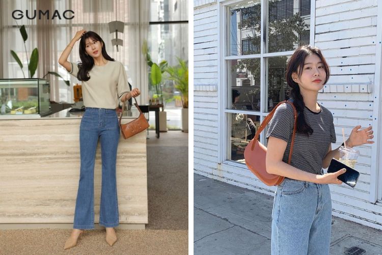 Túi đeo chéo + Áo thun + Quần jeans dài
