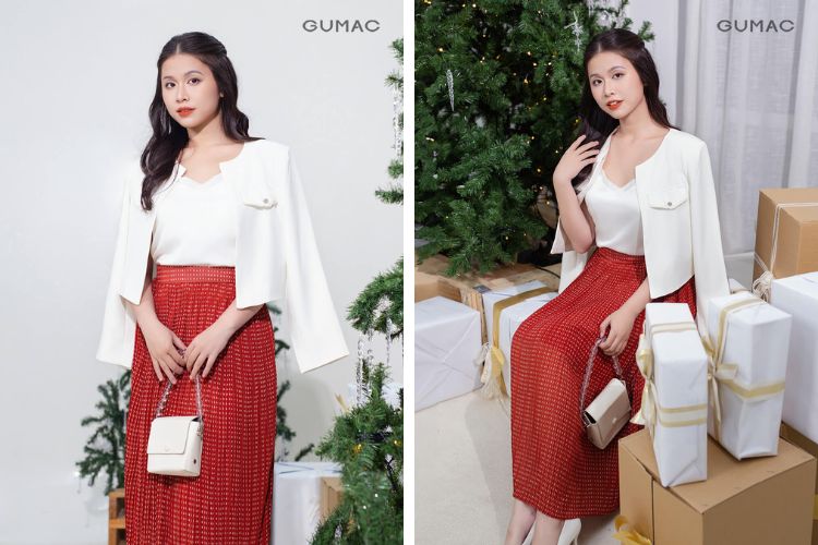 Áo khoác blazer mặc cùng váy xếp ly