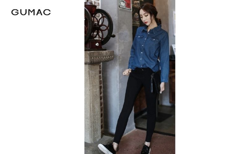 áo sơ mi denim nữ phối quần jean