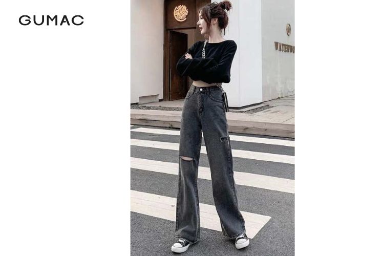 quần jean ống rộng rách gối mix áo thun