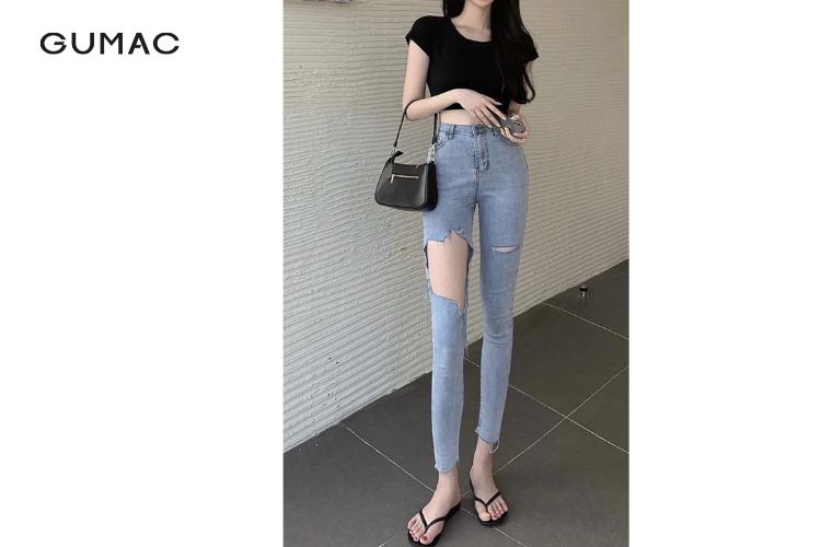 quần jean rách lai phối áo croptop