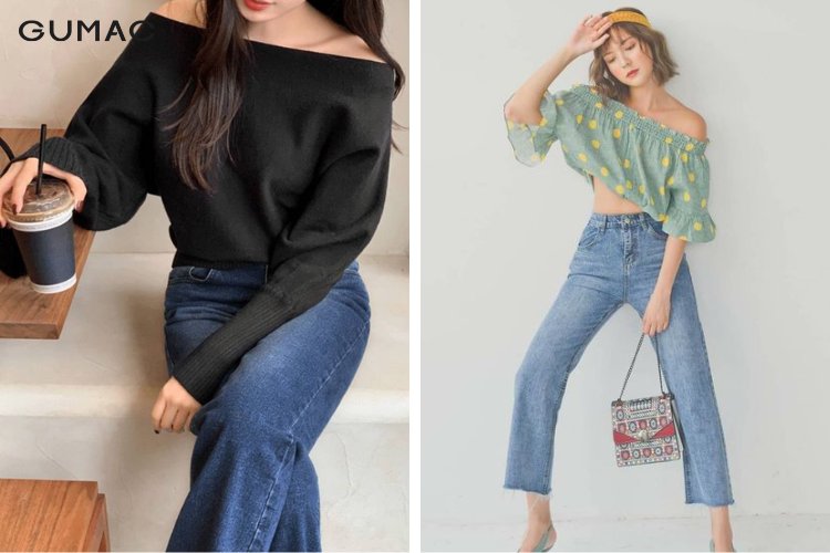 Áo trễ vai vintage mix cùng quần jean cạp cao