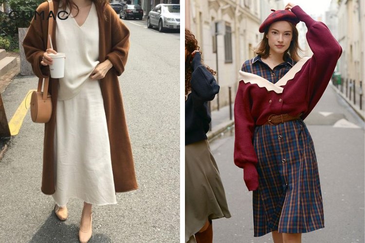 Phối váy yếm đuôi cá cùng áo thun + áo khoác cardigan