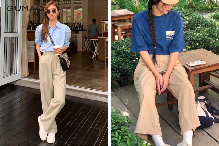 Quần be phối với áo màu xanh