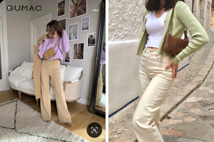 Quần màu be phối với áo màu pastel