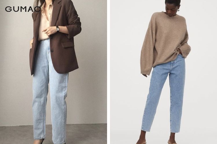 Áo màu nâu kết hợp quần jean denim