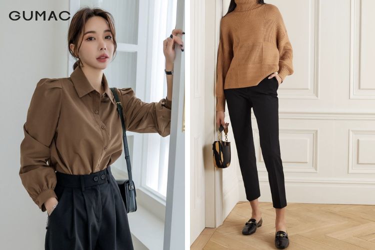 Áo nâu phối quần đen