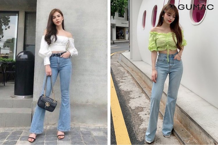 Áo crop top phối quần ống loe