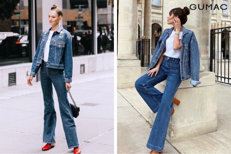 Quần jean ống loe kết hợp áo khoác denim