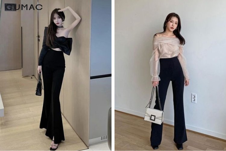 Áo lệch vai phối với quần ống loe