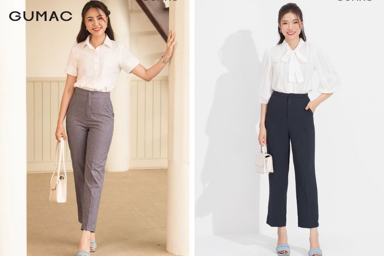 Quần tây xám phối với sơ mi trắng nữ Quần tây xám phối với sơ mi trắng nữ