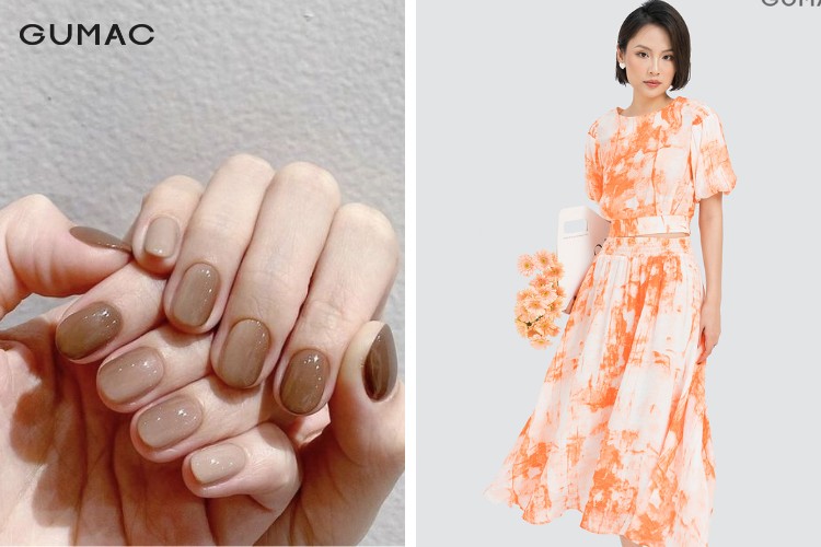 Gợi ý mẫu nail nâu và trang phục mặc kèm cho mẹ bầu