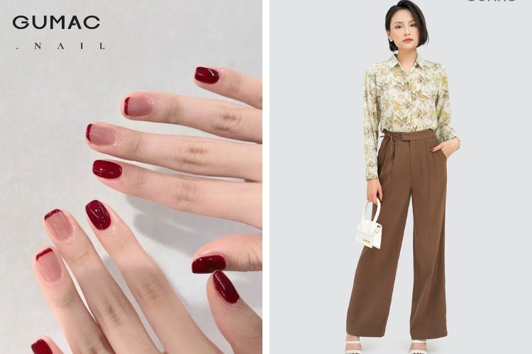 Gợi ý mẫu nail đỏ đô và trang phục mặc kèm cho mẹ bầu