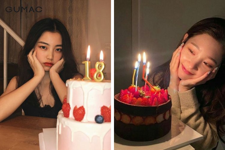 Chụp ảnh với bánh sinh nhật theo góc rộng, ngồi nghiêng người