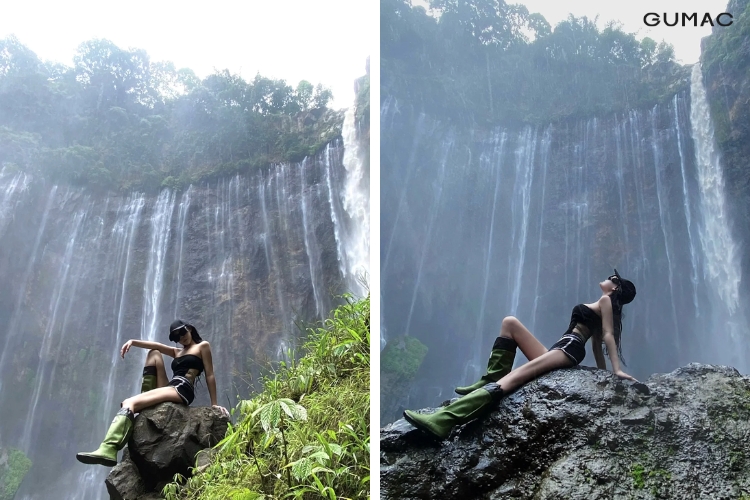 dang ngoi chong tay chup anh thac nuoc cuc chill