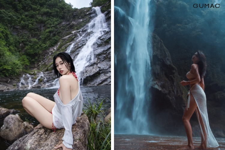 tao dang chup anh cung bikini o thac nuoc