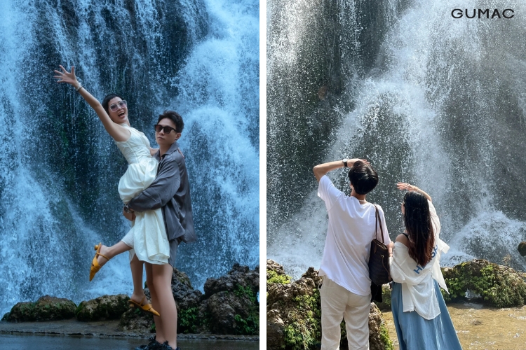 pose dang chup anh voi thac nuoc cho cap doi