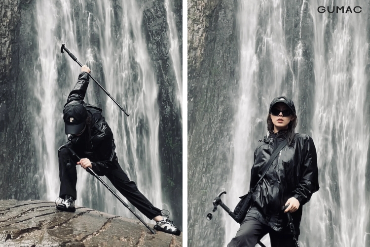 tu the chup anh o thac nuoc dang leo nui cuc chat