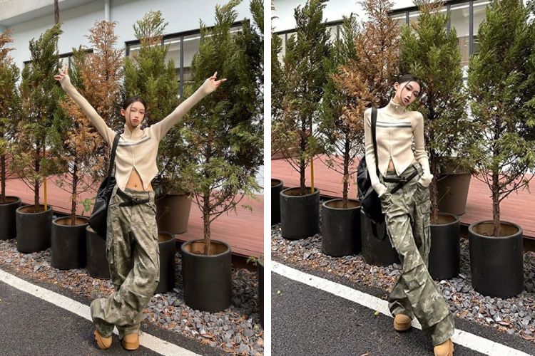 Tạo dáng bắt chéo chân với quần ống rộng