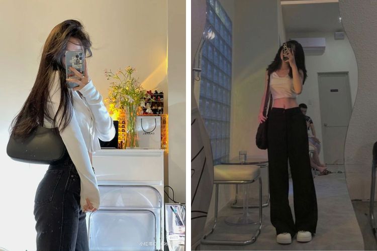 Tạo dáng trước gương với quần ống rộng