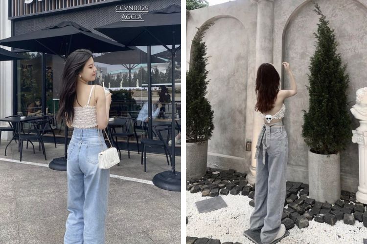 Tạo dáng chụp từ phía sau với quần ống rộng